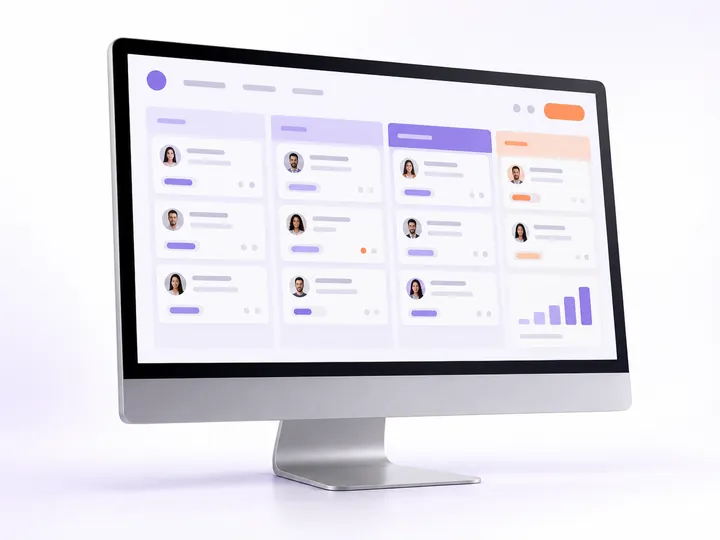 Monitor profissional exibindo um funil comercial com contatos e oportunidades