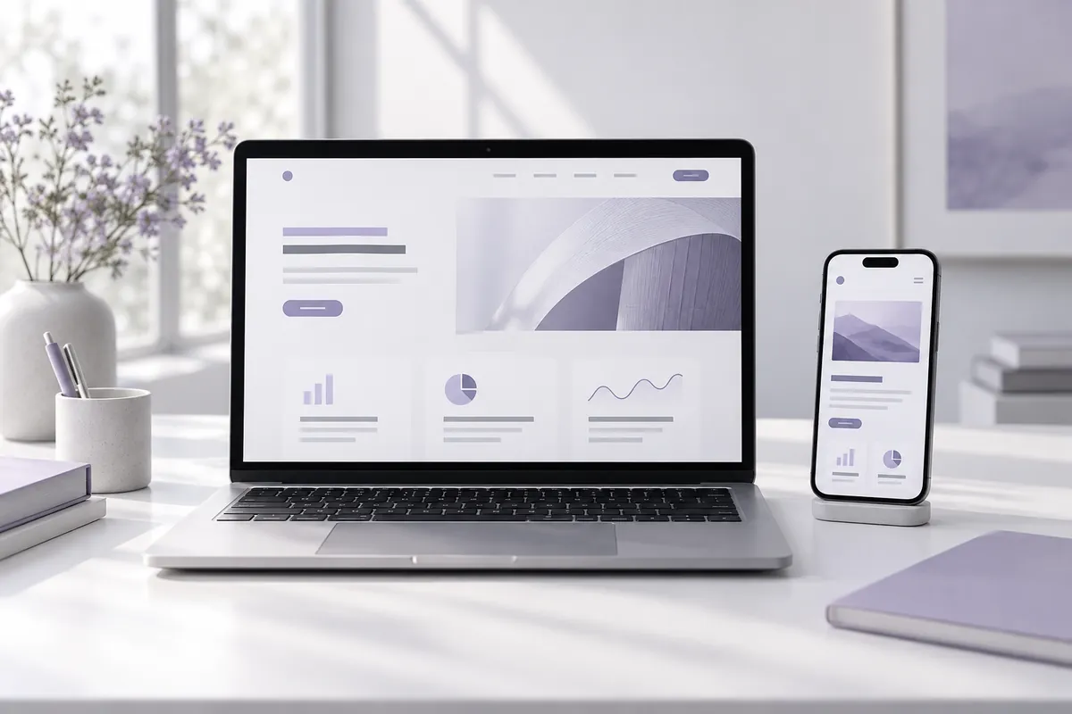 Notebook e celular exibindo um site em um ambiente profissional